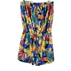 Granada Tropical Colorful Palm Leaf Summer Med Romper Pocket Off The Shoulder